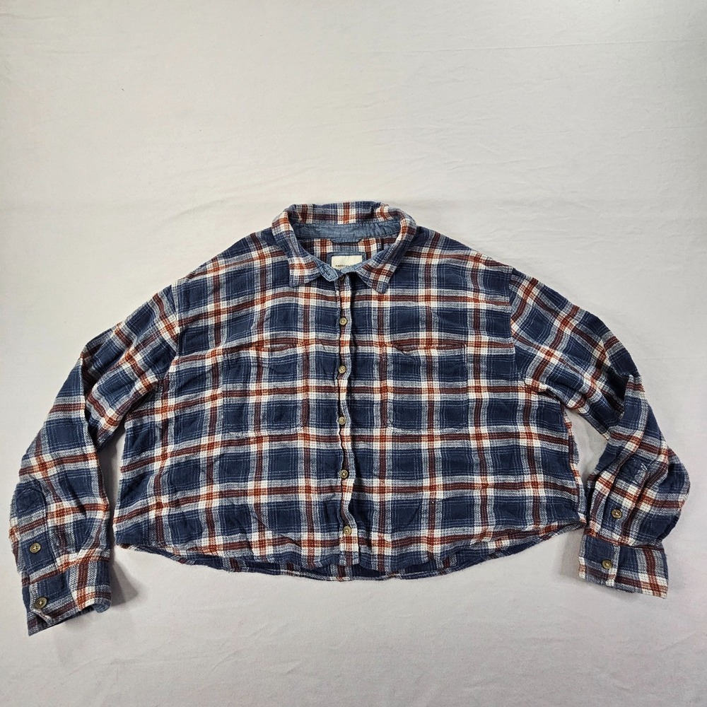 American Eagle Blue Plaid Long Sleeve Button-Up Cropped Flannel Shirt Women's XL
